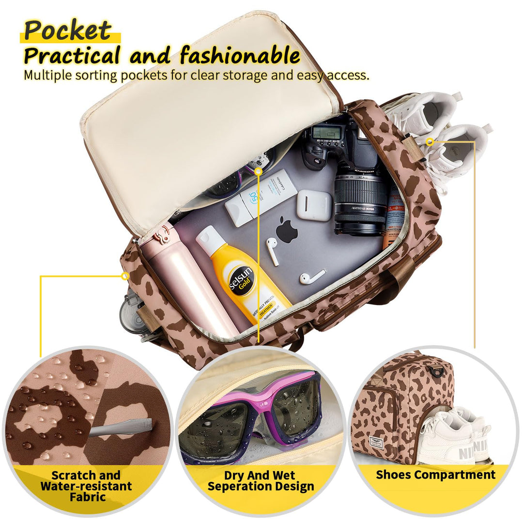 FIORETTO Women's Water-Resistant Gym Duffle Bag with Shoes Compartment, 37L Capacity, Multi-Functional, Ideal for Travel, Gym, Sports, Weekender, Leopard Print