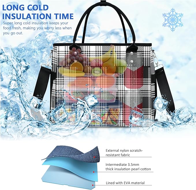 MIYCOO Lunch Bag Lunch Box Women - Leakproof Insulated Lunch Cooler Bag for Women - Large Lunch Tote Bags Adults, Checkered Black and White