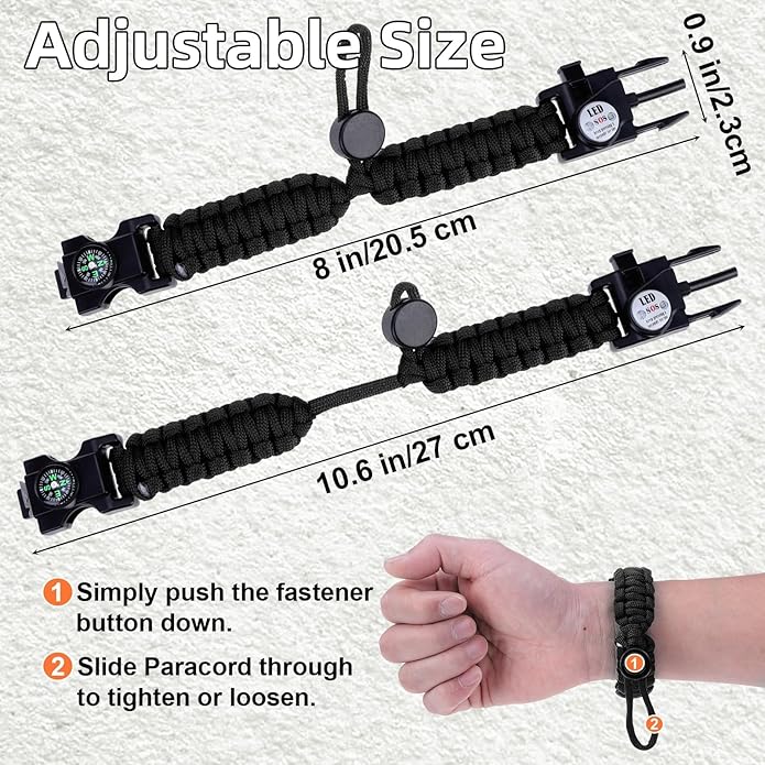 Adjustable Survival Paracord Bracelet, 2 Pack Emergency Fire Starter Kit with Loud Whistle Compass Light Flint Steel for Hiking Fishing Hunting, Tactical Gear Equipment Multitools