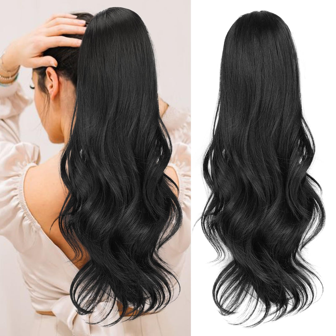 KooKaStyle Ponytail Extensions, 22 inch Black Long Drawstring Wavy Clip in Ponytail Hair Extensions Layered Synthetic Hairpiece for Women