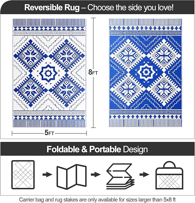 Waterproof Outdoor Rug 5x8ft, Boho Reversible Plastic Straw Mat for Patio RV Deck Porch Backyard Balcony Camping Picnic Beach Indoor Outdoor Carpet, Blue&White
