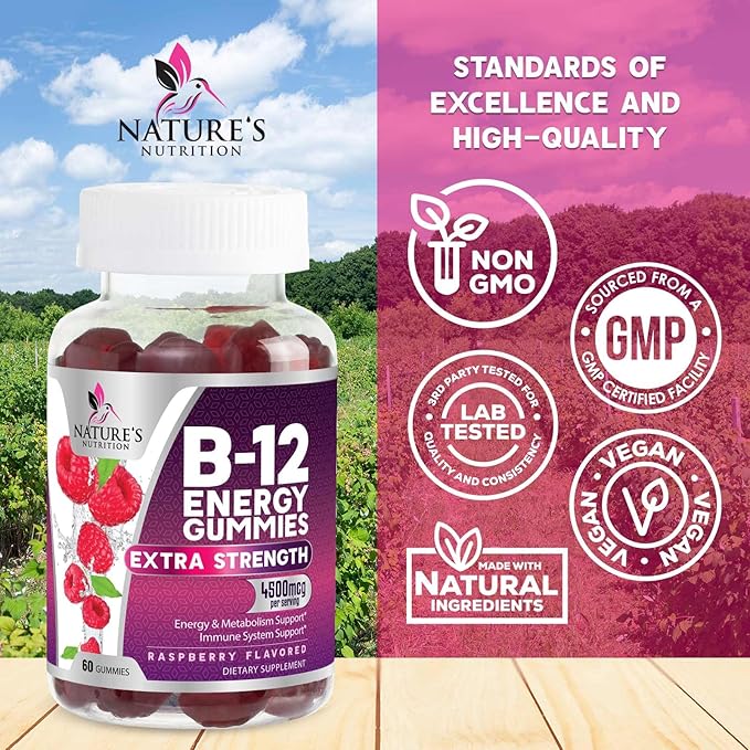 B-12 Vitamin Energy Gummies - 4500mcg Extra Strength B12 Gummy Chewables for Energy Metabolism & Immune Support - Dietary Supplement for Women, Men, & Kids - Non-GMO, Vegan, Berry Flavor - 60 Count