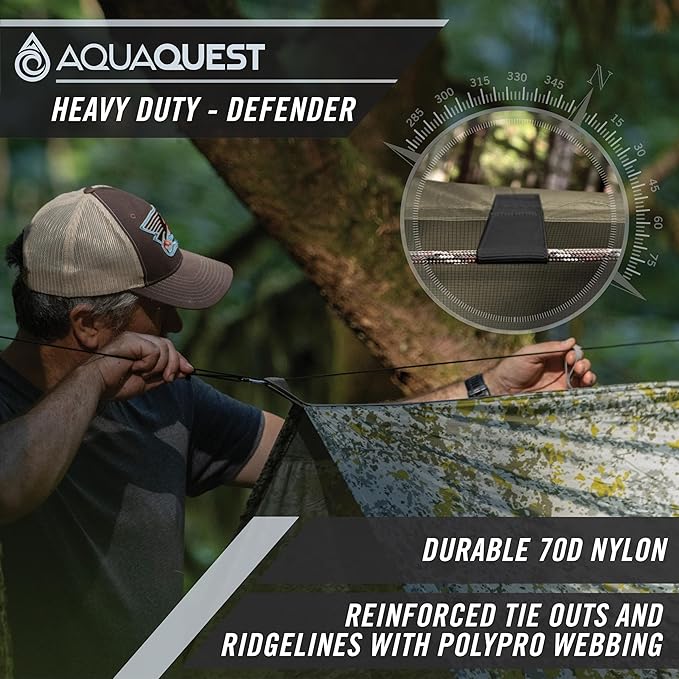 AquaQuest Defender Camping Tarp - Heavy Duty Tent Shelter or Rain Fly - Waterproof Camping Essentials for Hiking, Bushcraft & Hammock, 15 x 15 ft, Boulder Camo