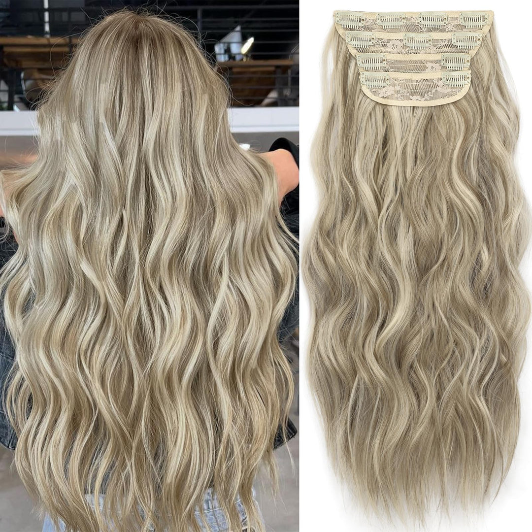 KooKaStyle Clip in Synthetic Highlight Hair Extensions Long Wavy 4PCS Thick Hairpieces Ash Brown mix Platinum Blonde Fiber Double Weft Natural Hair Extensions 20 Inch for Women