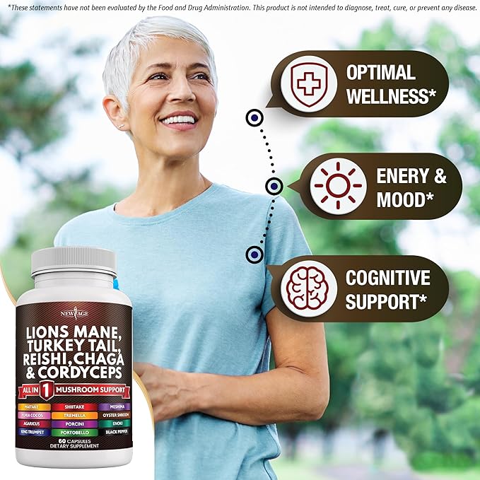 NEW AGE Lions Mane Mushroom Supplement with Turkey Tail Reishi Cordyceps Chaga with Marshmallow Root