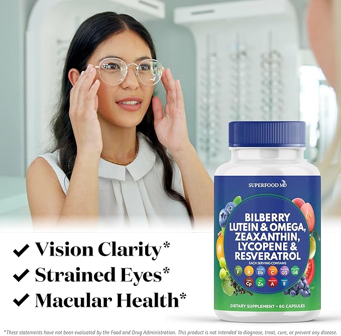 Superfood MD Eye Health Vitamins with Bilberry Lutein & Zeaxanthin Lycopene Resveratrol Grape Seed Extract Astaxanthin- AREDS 2 - Eye Vitamin - 60 Capsules