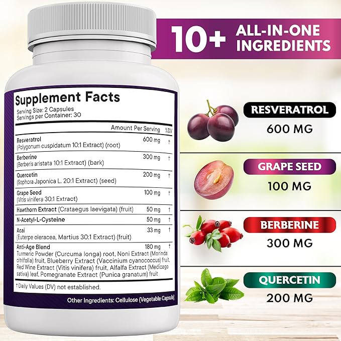 NEW AGE Resveratrol, Berberine, Grape Seed Extract, Quercetin, Polyphenol Supplement for Women and Men with Noni Extract, N-Acetyl Cysteine, Acai Extract - 120 Capsules