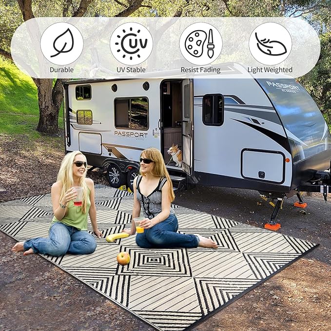 Waterproof Outdoor Rug 6x9ft, Foldable Reversible Plastic Straw Mat for Patio RV Deck Porch Backyard Balcony Camping Picnic Beach Indoor Outdoor Carpet, Black&Beige