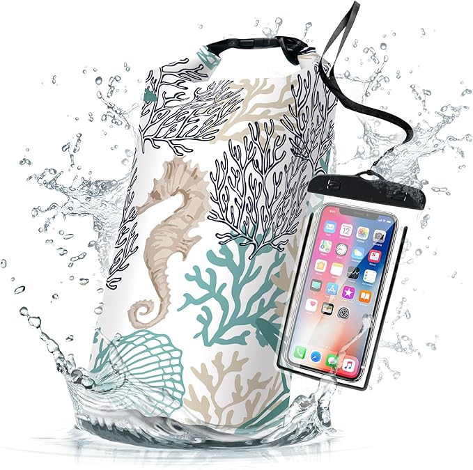 Waterproof Dry Bag,Roll Top Sea Turtle Starfish Coral Waterproof Backpack 5L/10L/20L Floating and Lightweight Bags for Kayaking, Boating, Fishing, Swimming and Camping with Waterproof Phone Case