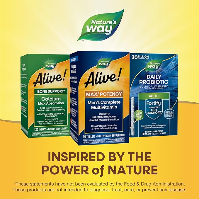 Nature’s Way Alive! Men’s Max3 Potency Multivitamin, Supports Energy Metabolism*, Heart & Muscle Function*, with Methylated B12 and Folate, Gluten-Free, 90 Tablets