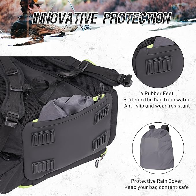 48L Large Fishing Tackle Backpack With Rod Holders, 4 Tackle Box, Protective Rain Cover - Water Resistant Storage Bag for Camping, Hiking, Hunting