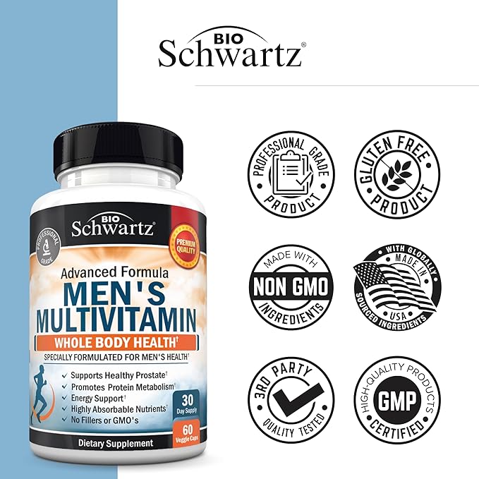 Men's Multivitamin with Vitamin C A B D3 E Zinc for Immune Support - Once Daily Supplement for Energy & Heart - Antioxidants & Digestive Enzymes for Absorption - Mental Clarity & Focus Support -60 Ct