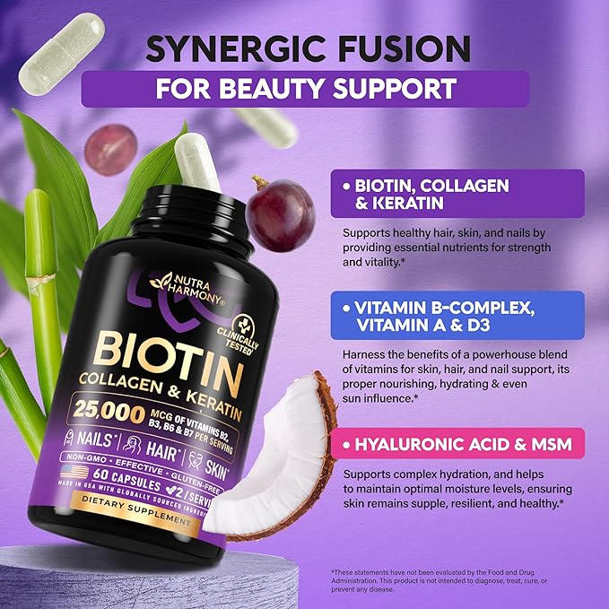 Biotin | Collagen | Keratin - Clinically Tested Supplement - Hair Growth Support, Skin & Nails - 25000 mcg Vitamins B2, B3, B6 & B7 + B1 & Hyaluronic Acid - Made in USA - Women & Men | 60 Capsules