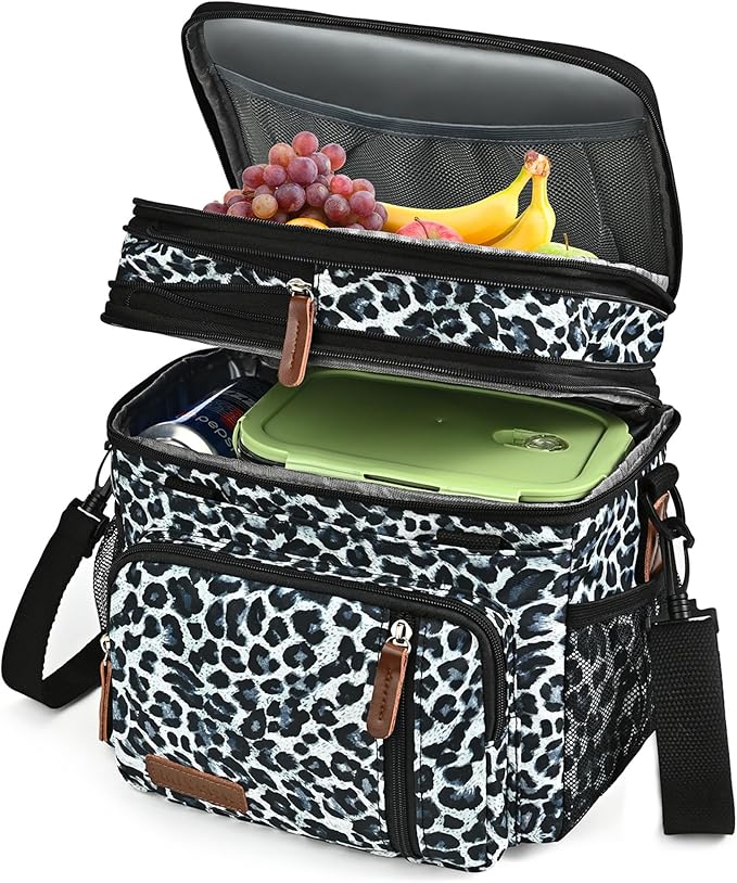 MIYCOO Lunch Bag for Women Men Double Deck Lunch Box - Leakproof Insulated Soft Large Lunch Cooler Bag, (Leopard print,15L)