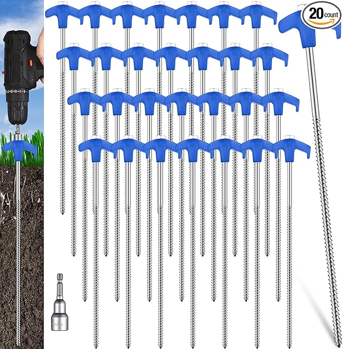 Hicarer 12 Inch Tent Stakes Screw in Camping Stakes Heavy Duty Metal Stake Ground Anchor Peg Threaded Tent Spikes with Hex Head Driver for Camping Garden Inflatable
