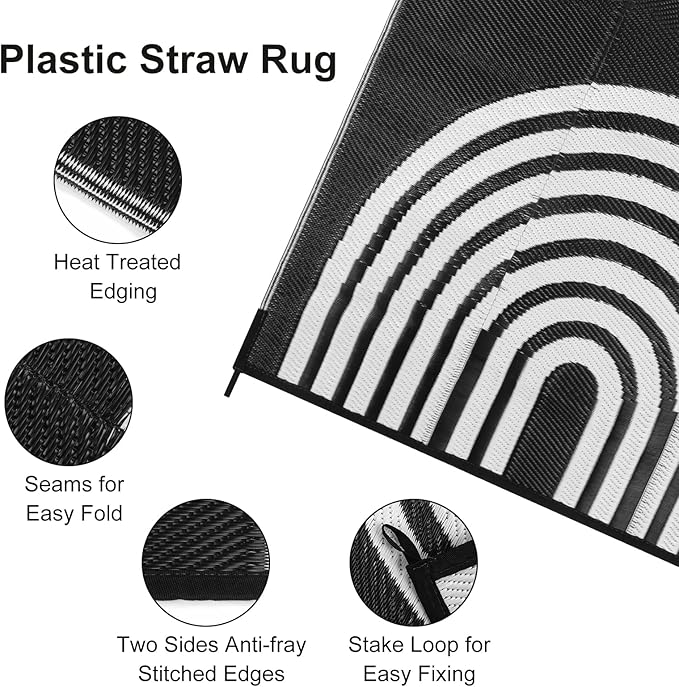 Anidaroel Outdoor Area Rug for Patio Clearance 6X9ft Waterproof, Reversible Plastic Straw Rug Outside Rug, UV Resistant RV Mat for Camping, Porch, Balcony, Pool Deck(Black&White, 6‘x9')