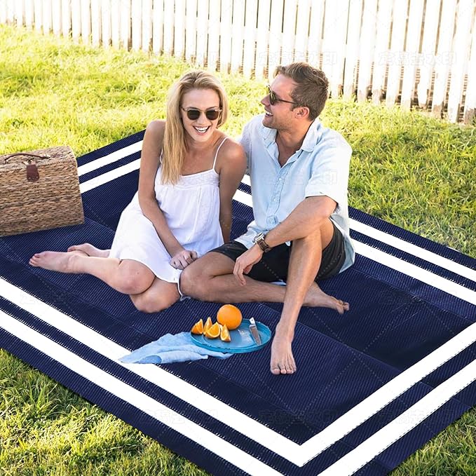 8'x 10' Outdoor Rug,Waterproof Reversible Patio Rugs,8x10 ft Plastic Straw Outdoor Carpet Foldable Plastic Camping Mat for Outside RV, Patio,Picnic,Camper,Balcony,Porch(Navy Blue &White)