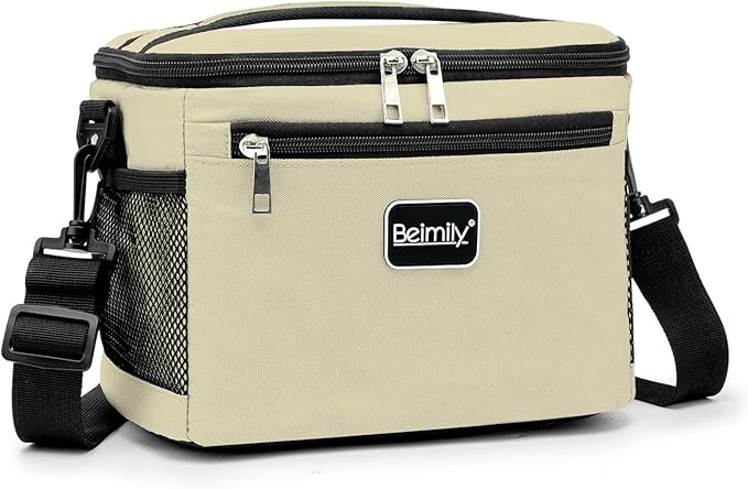 BEIMILY Lunch Box for Men/Women,Small Insulated Lunch Bag,Reusable LunchBox for work Picnic Beach,Leakproof Soft Cooler Tote Bag Organizer with Adjustable Shoulder Strap for Adults (Light Khaki)