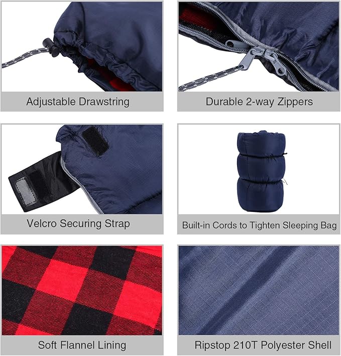REDCAMP Outdoors Cotton Flannel Sleeping Bag for Camping Hiking Climbing Backpacking, Envelope Sleeping Bag with Compression Sack, Red Plaid 3lbs(79"x33"), Navy Blue 2lbs (75"x33")