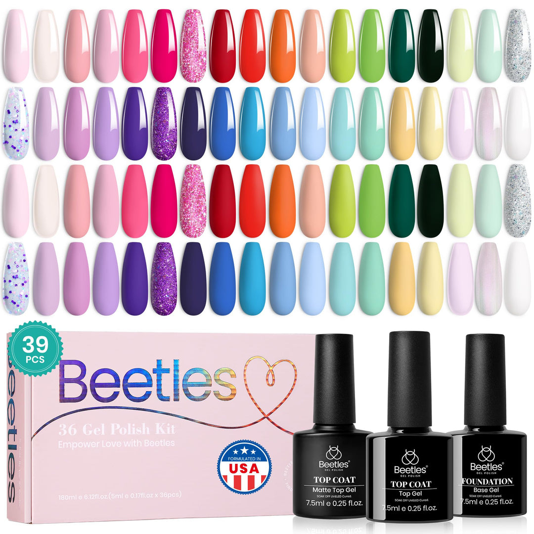 Beetles Gel Polish Nail Set 36 Colors Floral Rhapsody Collection Pastel Bright Girly Sparkle Glitter Polish With 3Pcs Base Matte