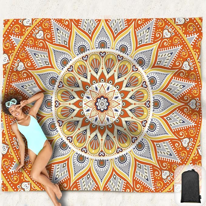 Beach Blanket Waterproof Sandproof Oversized 95”x 80”,Sand Free Beach Mat with Corner Pockets,Portable Mesh Bag for Beach Festival,Picnic,Travel and Outdoor Camping (Orangegrey)