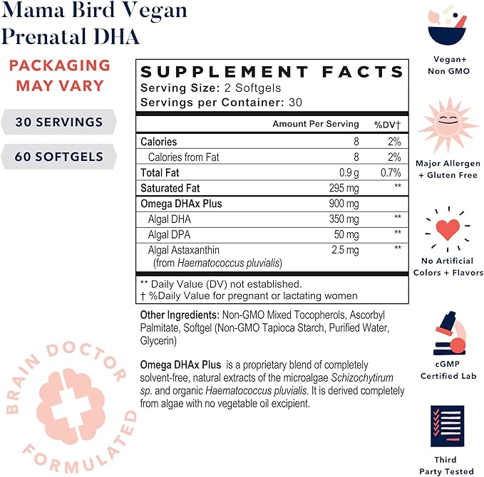 Best Nest Wellness Mama Bird Vegan Prenatal DHA - Brain & Eye Support Supplement for Baby - Vegan Prenatal Supplement with Algae DHA - Nutritional Supplement for Mom - 60 Softgels