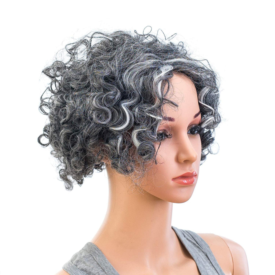 Swacc 12-Inch Old Lady Cosplay Granny Wig Short Grandmother Curly Wigs For Women With Wig Cap (Silver Gray)
