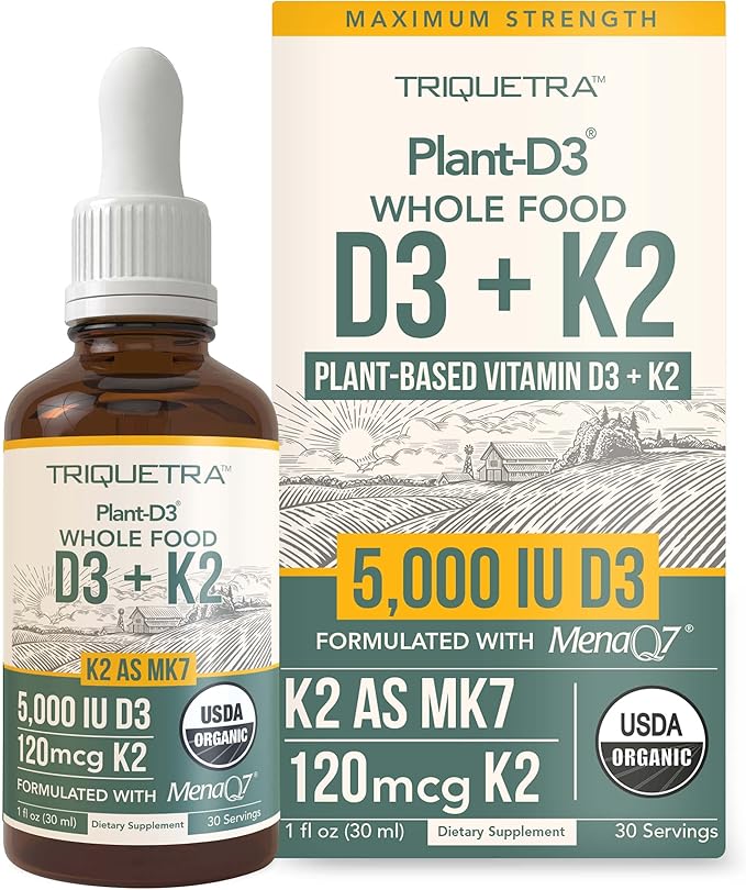 Organic Plant D3 + K2 (5000 iu D3) - All-Trans MK7 from MenaQ7 (120 mcg K2) - 100% Organic & Plant-Based Sublingual D3 Drops (Cholecalciferol), 100% Vegan - Supports Immunity, Bone(1oz)