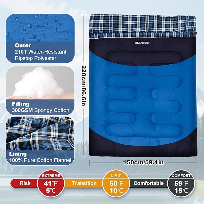 Cotton Flannel Double Sleeping Bag for Adults Machine Washable 2 Person Camping Sleeping Bag Queen Size Waterproof with Compression Sack for Cold Weather 3-4 Seasons