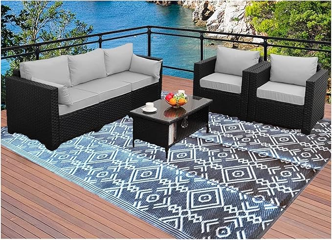 BalajeesUSA Outdoor Rug - 5x7 Grey Reversible Recycled Plastic Straw Patio Decor Waterproof Large RV Camper mat Camping 7032