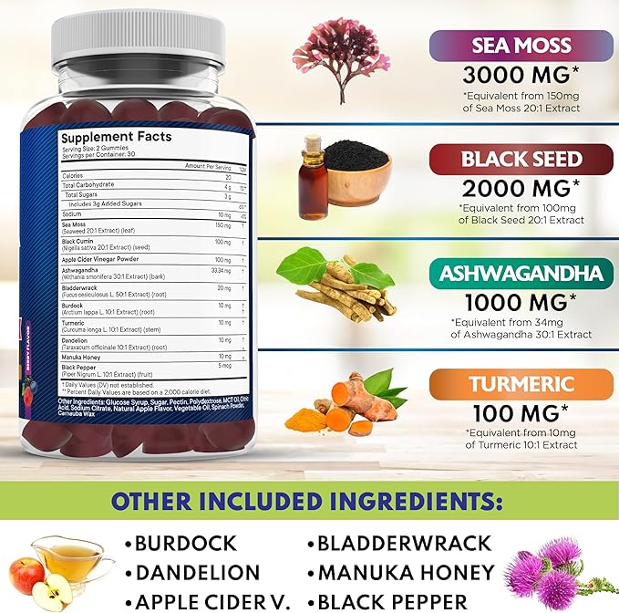 Sea Moss Gummies, Sea Moss, Black Seed, Ashwagandha, Turmeric, Manuka Honey, ACV, Dandelion, Black Pepper, Burdock, Bladderwrack, Vegan - 120 Count