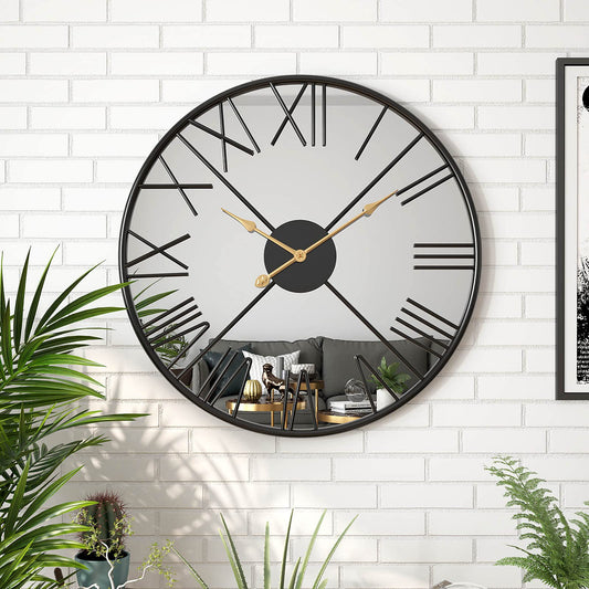 20inch Large Modern Mirror Wall Clock for Living Room,Decorative Metal Roman Numeral Big Clock Home Decor Silent Non Ticking Mirrored Wall Clocks for Kitchen, Bedroom, Study,Black Decoration