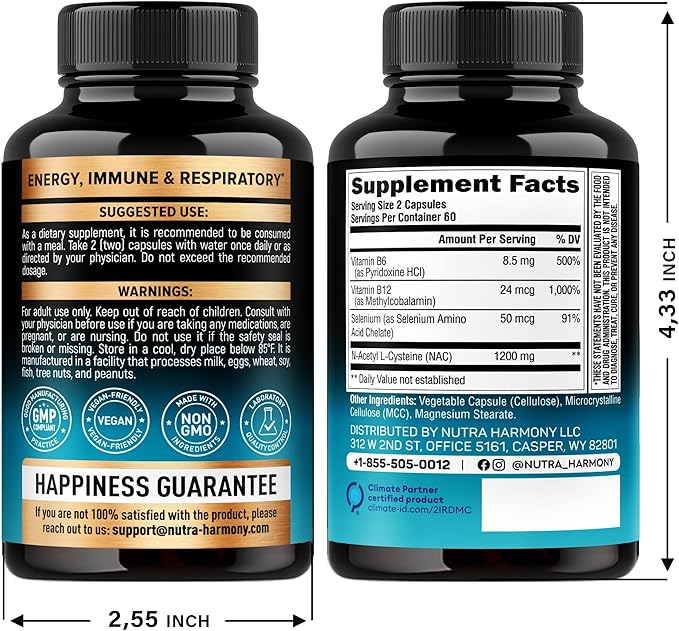 NAC Supplement | Selenium | B6 | B12 - Antioxidant, Immune Support - N Acetyl Cysteine 600 mg per Capsule, 1200 mg per Serving - Made in USA - Non-GMO, Gluten-Free, Vegan - 120 caps, 2 Month Supply