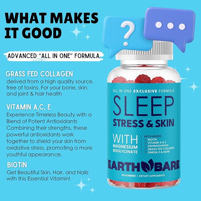All in One Stress Skin Sleep Gummies w/Magnesium Glycinate, Grass Fed Collagen, Vitamin A, C, E & Zinc | Sleep & Glow Gummies for Adults | 60 Gummies