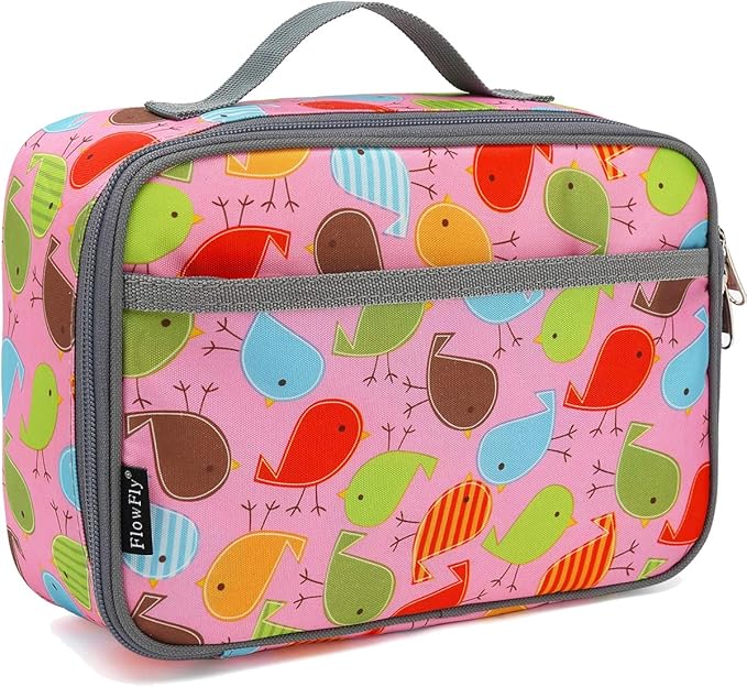 FlowFly Kids Lunch box Insulated Soft Bag Mini Cooler Back to School Thermal Meal Tote Kit for Girls, Boys, Bird