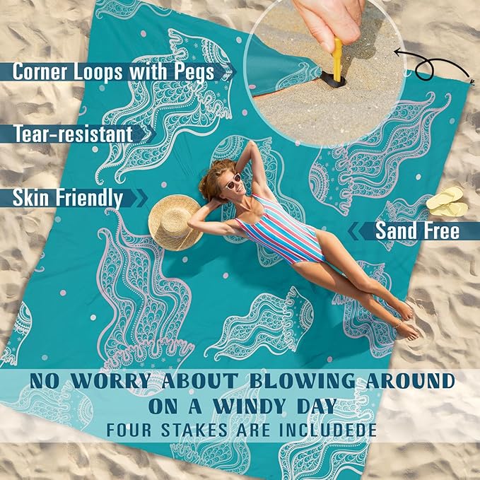 Beach Blanket Sandproof Waterproof 78''×110'' 1-7Adults Oversized,Compact Lightweight Durable Beach Mat for Travel Camping Hiking Picnic Blanket