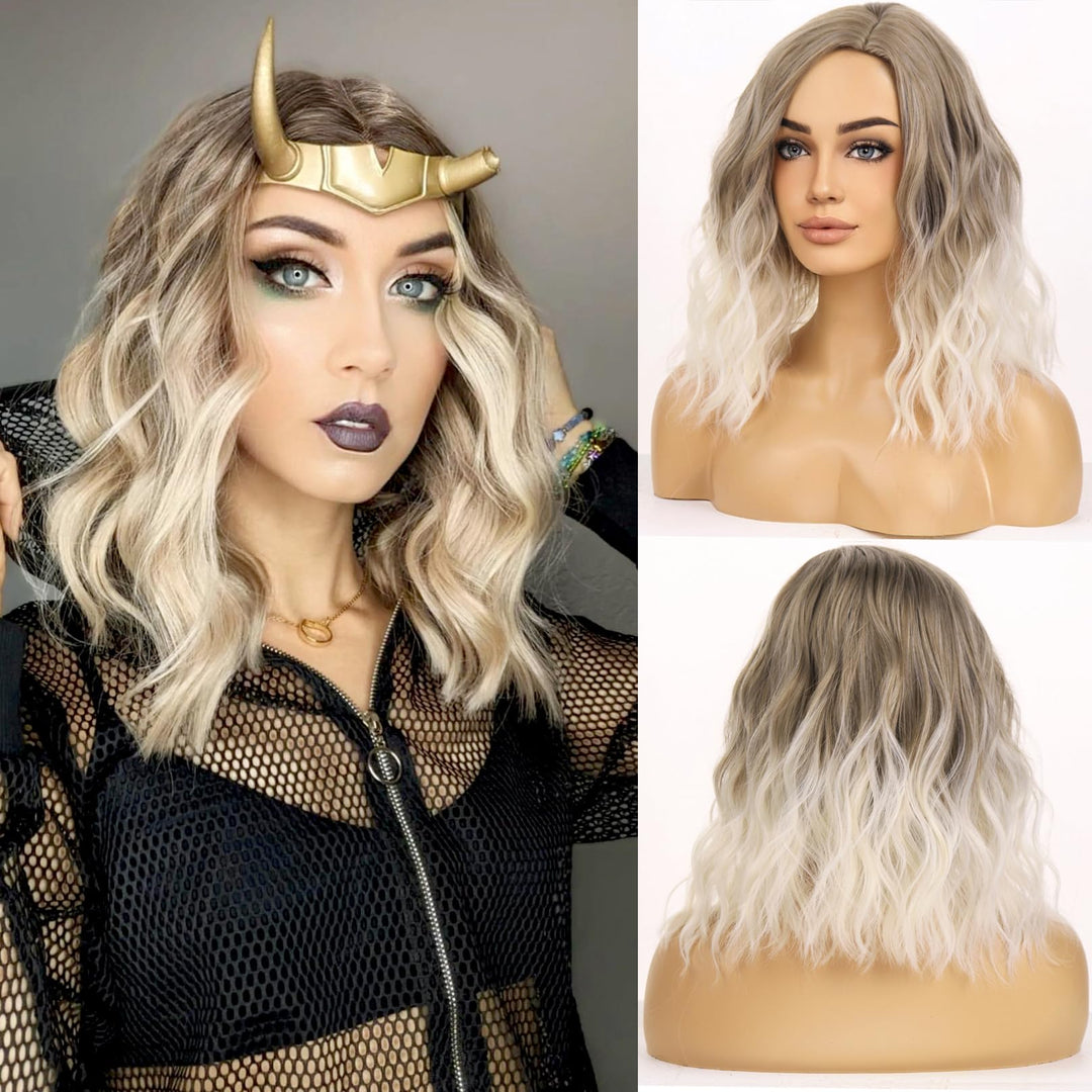 Beron Brown And Platinum Wigs For Womens Short Curly Wavy Wig Girls 14 Inch Ombre Blonde Side Part Wigs Shoulder Length Heat Res