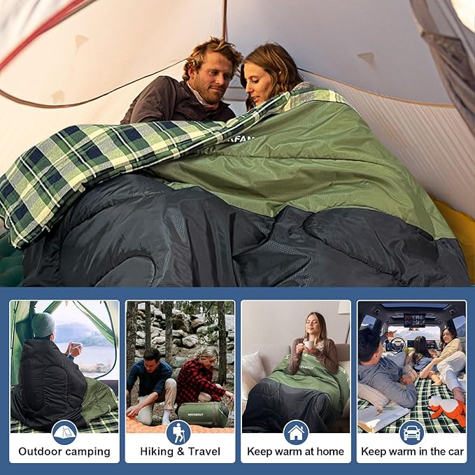 Cotton Flannel Double Sleeping Bag for Adults Machine Washable 2 Person Camping Sleeping Bag Queen Size Waterproof with Compression Sack for Cold Weather 3-4 Seasons