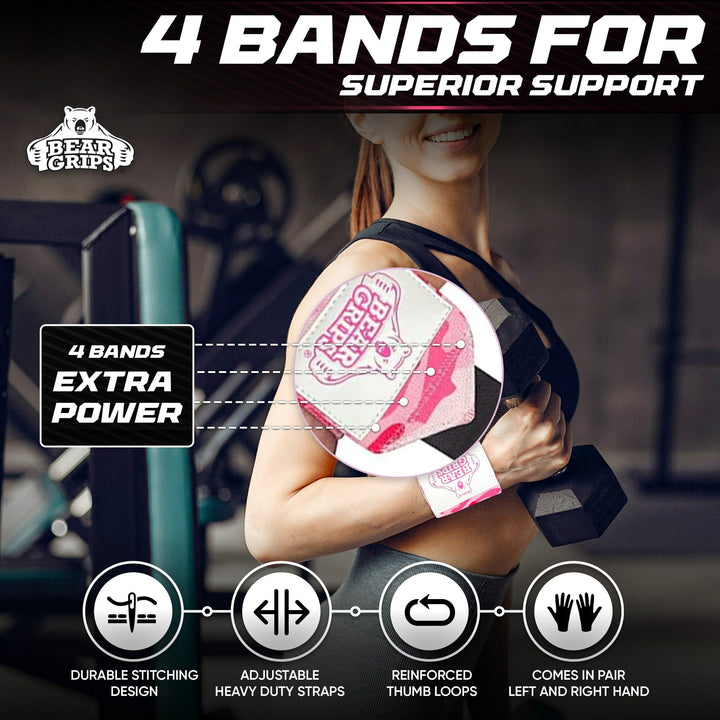 Bear Grips Extra Strength Gym Wrist Wraps for Weightlifting | 2 Wrist Wraps Per Pack | 12" & 18" | Pink, Polyester Material | Unisex