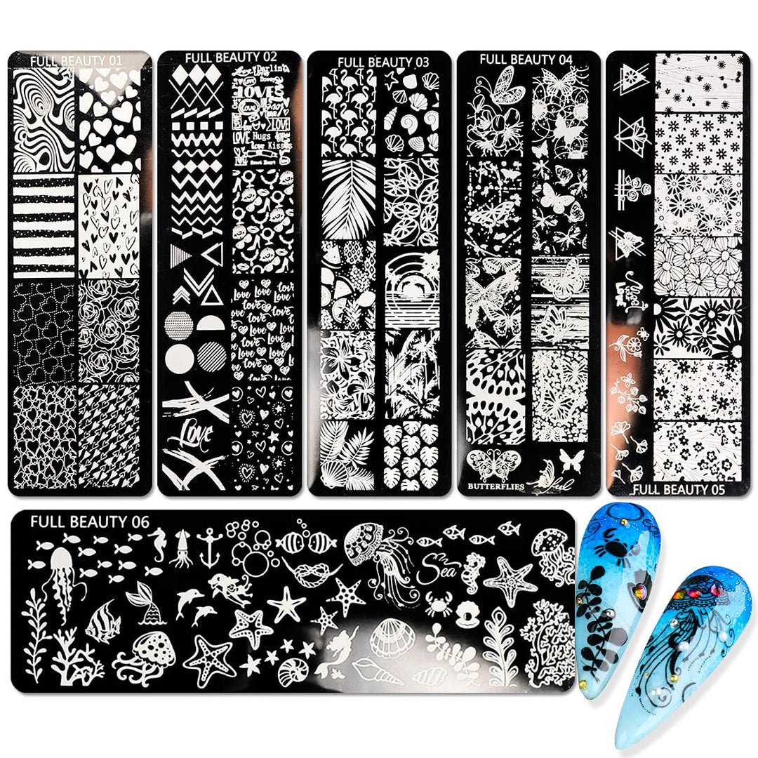 Silpecwee 6Pcs Nail Stamp Plates Heart Natural Flower Ocean Design Nail Stamping Templates Manicure Salon&Diy Accessories