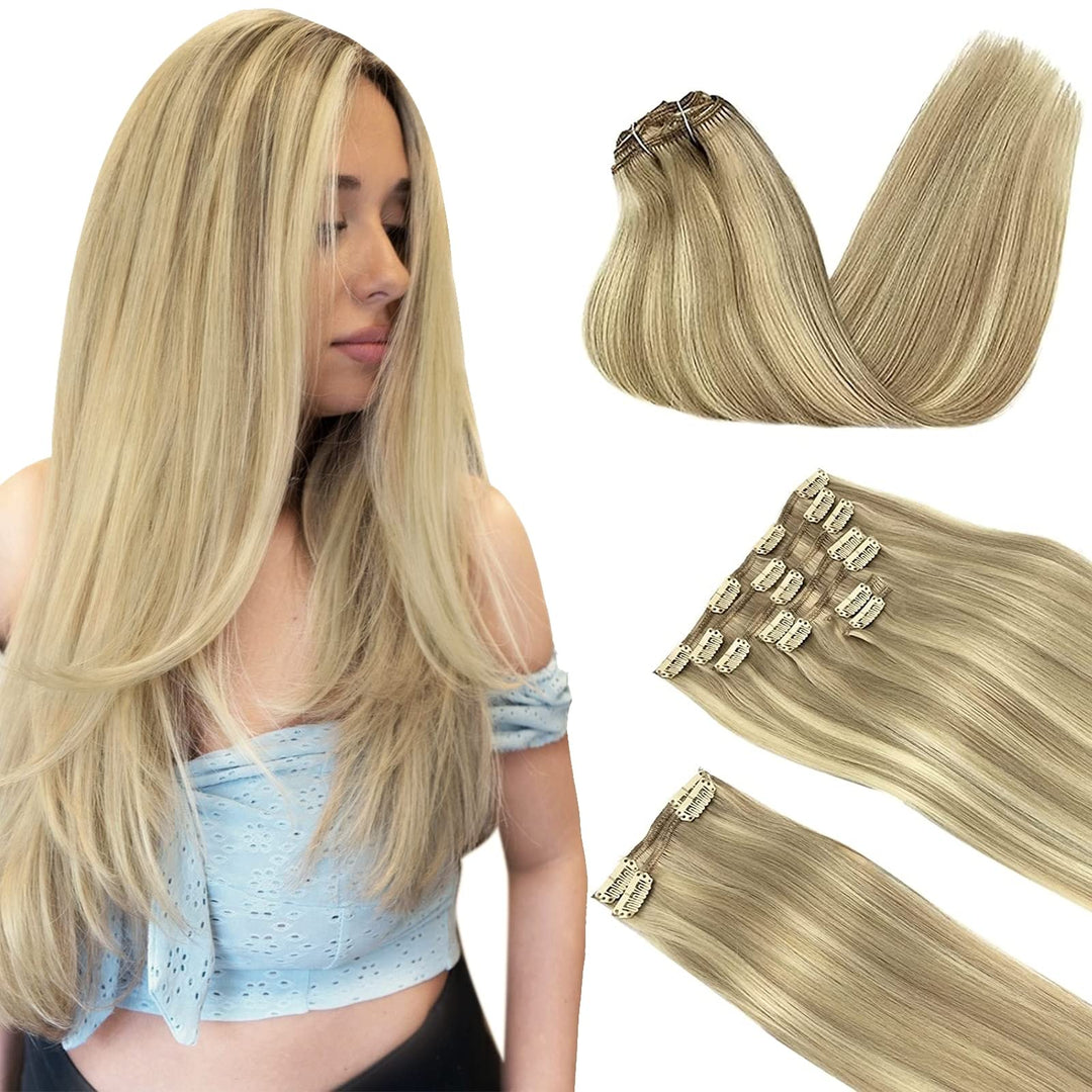 Doores Clip In Human Hair Extensions Light Blonde Highlighted Golden Blonde 150G 9Pcs 14 Inch, Human Hair Clip In Extensions Nat