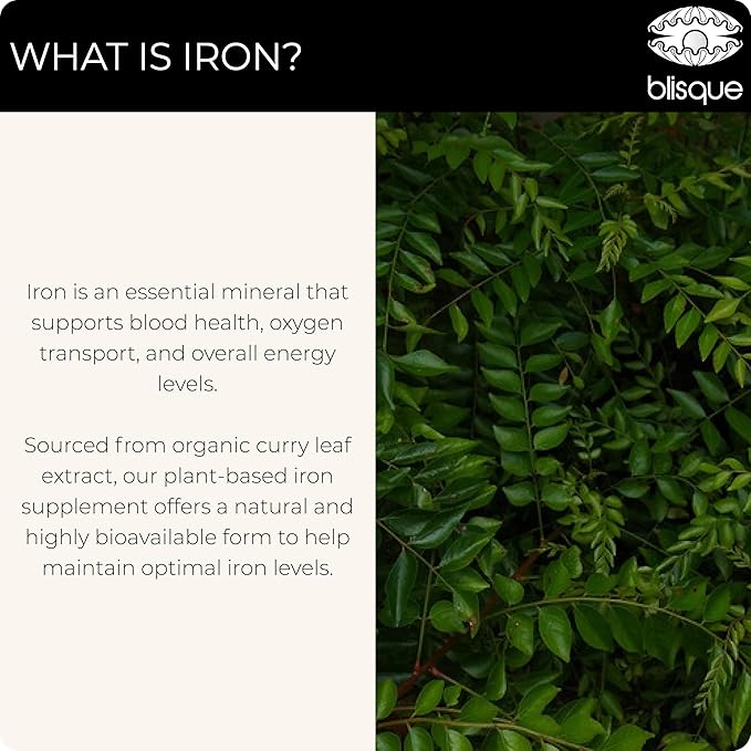 Blisque - Organic Plant-Based Iron Formula for Blood Health, Immune Support, and Energy | from Organic Curry Leaf Extract | 90 Capsules