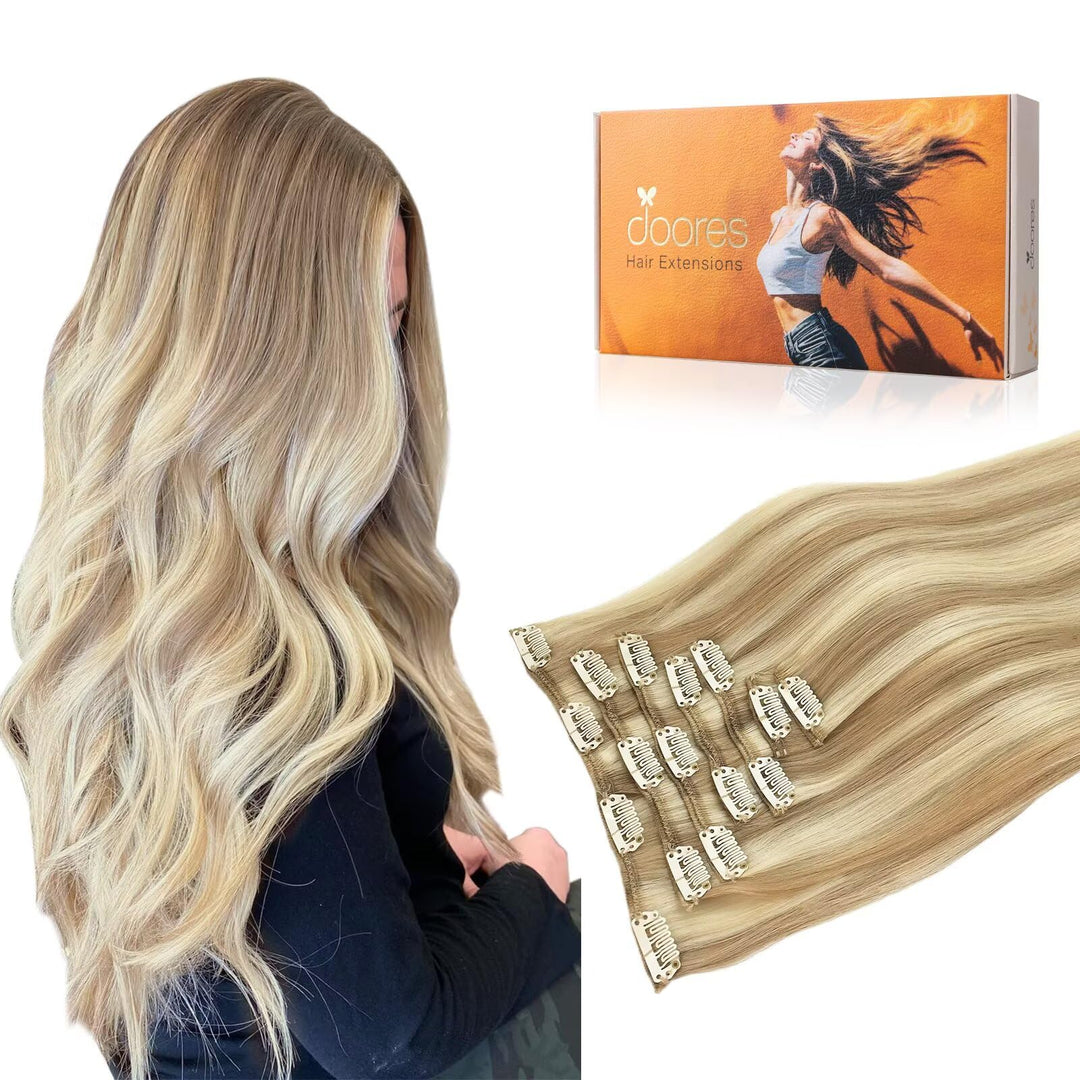 Doores Clip In Human Hair Extensions - Balayage Dark Blonde Highlighted Bleach Blonde 120G 7Pcs 22 Inch Real Human Hair Natural