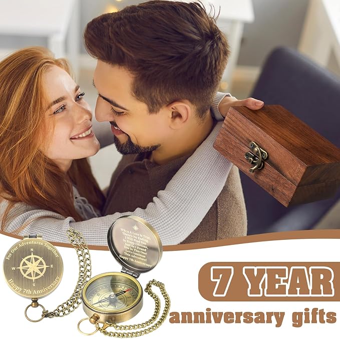 7 Year Anniversary Keepsake Gift for Him Her Engraving Quote Compass with Black Walnut Box 7th Anniversary Wedding Engagement Copper Gifts Couples Gifts for Men Women Husband Wife
