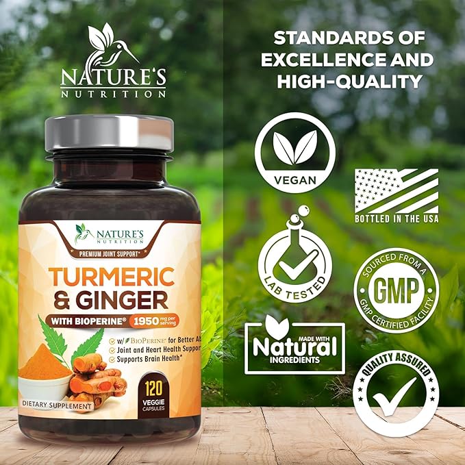 Turmeric Curcumin Supplement 1950mg with Organic Turmeric & Ginger, 95% Curcuminoids, BioPerine Black Pepper for Best Absorption, Nature's Vegan Joint Support, Non-GMO, Bottled in USA - 120 Capsules