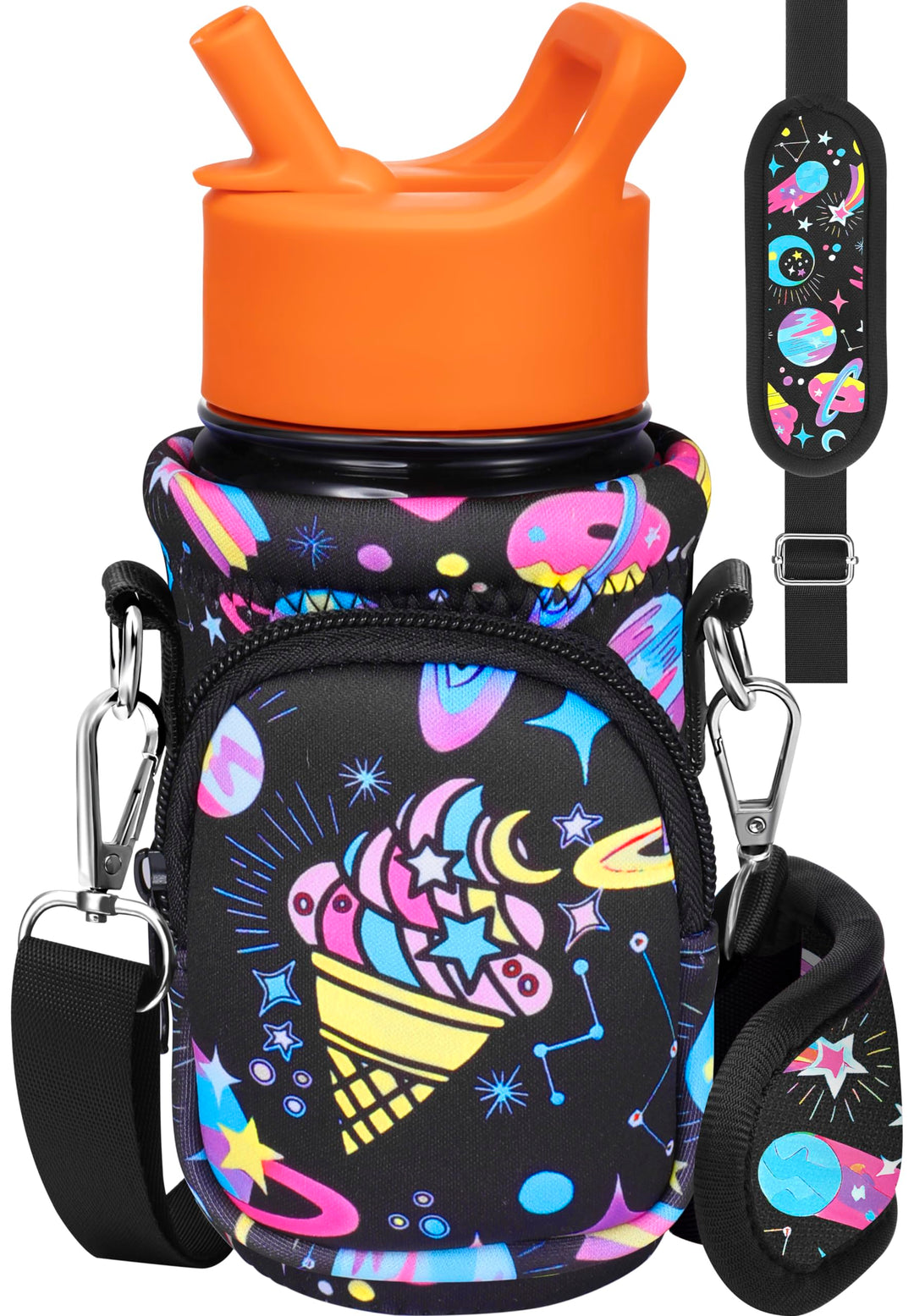 Water Bottle Carrier with Strap Cartoon Water Bottle Bags Holder for Kids Boys Girls Neoprene Insulated Bottle Bag for 10/12/14/16/18Oz Stainless Steel Glass Bottles Sleeve, Rainbow Ice Cream