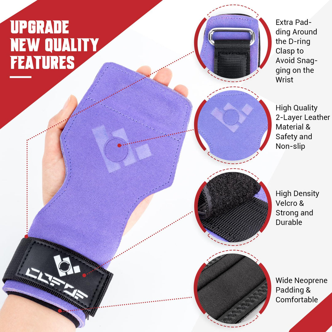 COFOF Weight Lifting Wrist Strap,Double Layer Leather Weightlifting Wrist Strap for Deadlift and Powerlifting, Adjustable Neoprene Padded Gym Workout Lifting Wrist Hooks for Men/Women(Pair)