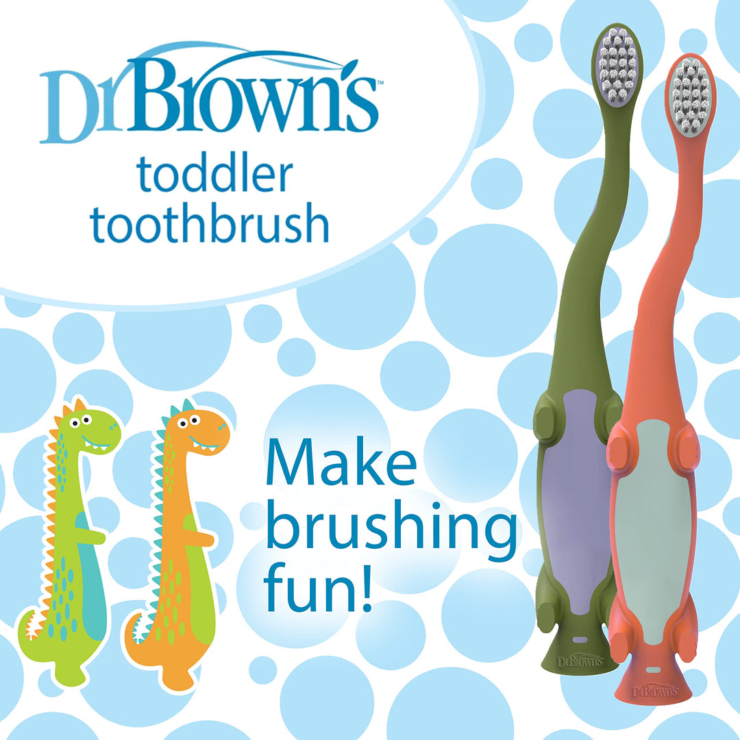 Dr. Brown's Toddler Toothbrush, Dinosaur, Green and Orange, 2-Pack