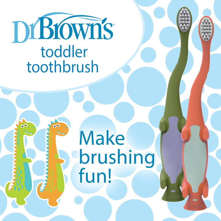 Dr. Brown's Toddler Toothbrush, Dinosaur, Green and Orange, 2-Pack