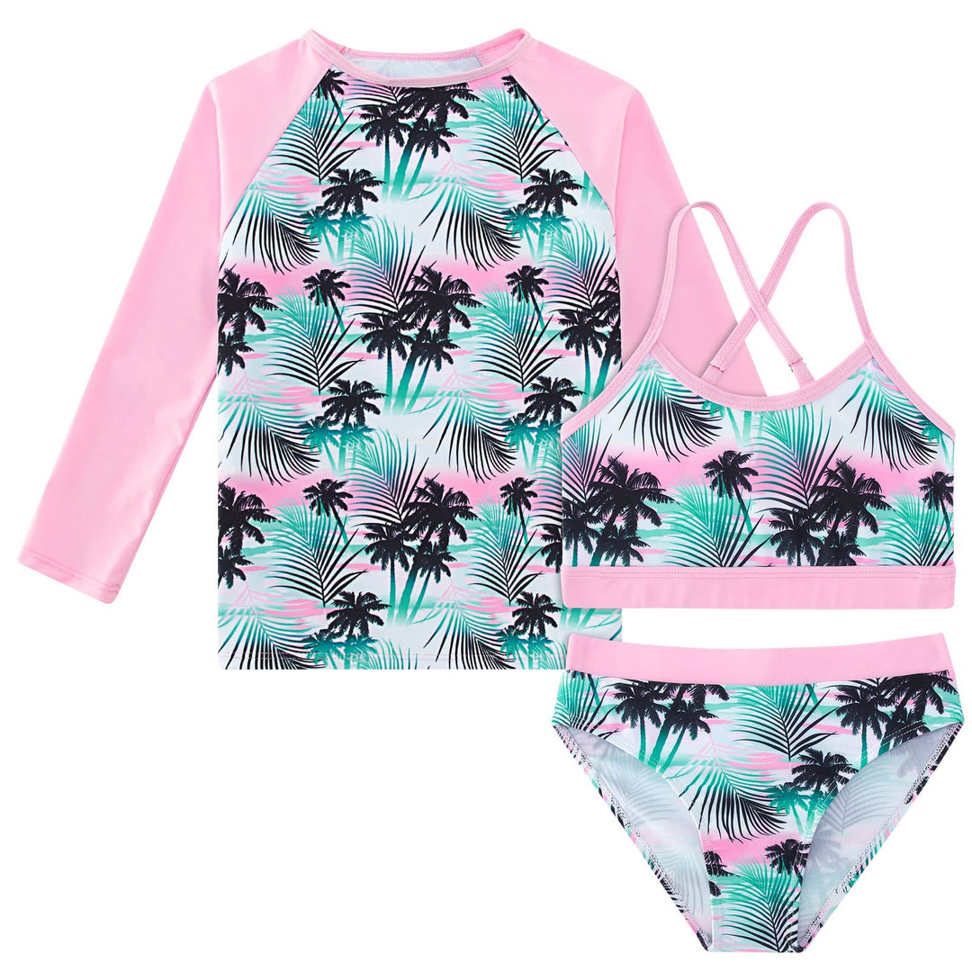 Kids Rashguard Swimsuit Plam Tree 8-9 Girls' Rash Guard Tankini Long Sleeve UPF 50+ UV Big Girls Pink Beachwear Plam Tree for Summer Beach Swimwear Girls Tropical Hawaiian Swimsuit with Shorts